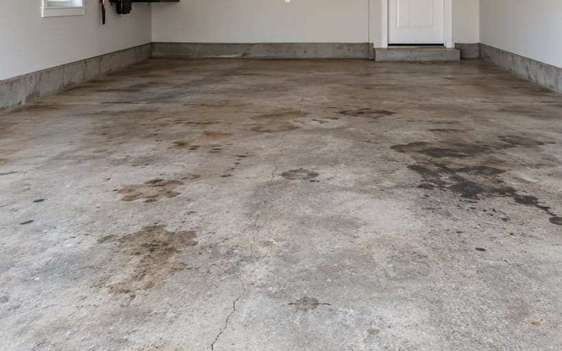 Worn, stained bare concrete floor before coating