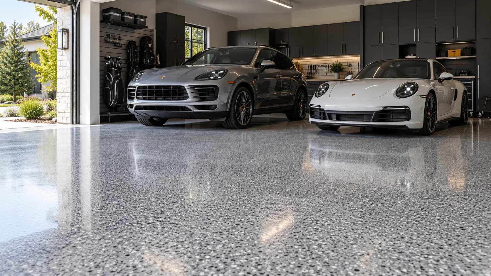 Finished residential garage floor with a professional coating system