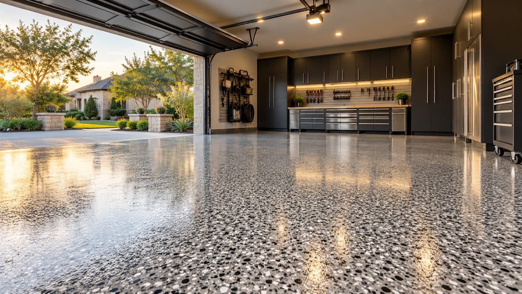 Finished garage floor coating in a residential garage