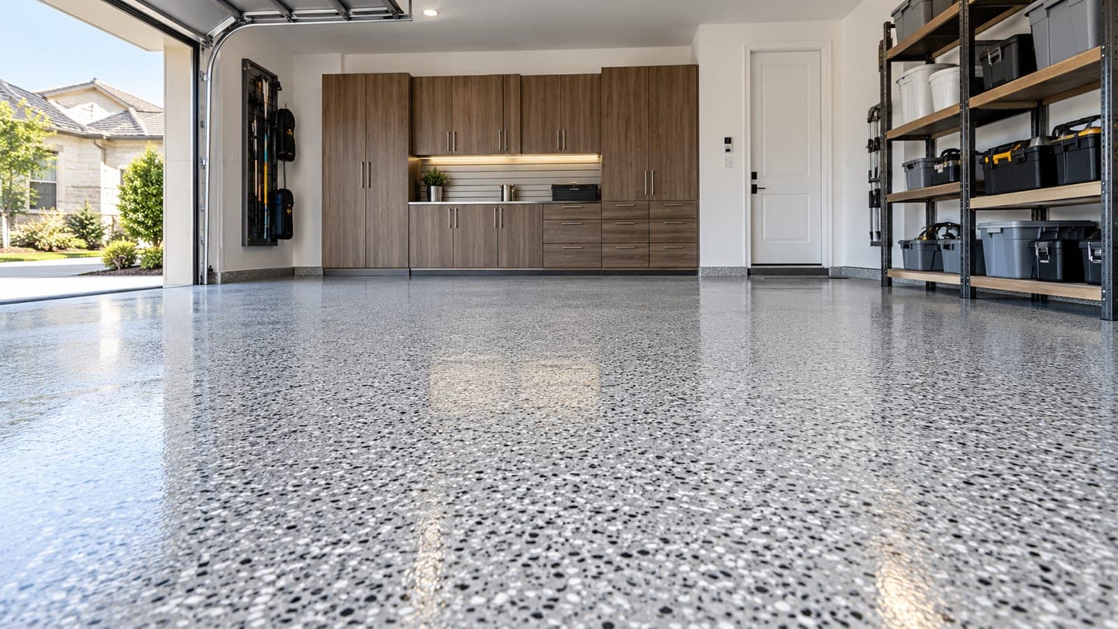 Gray flake coated garage floor