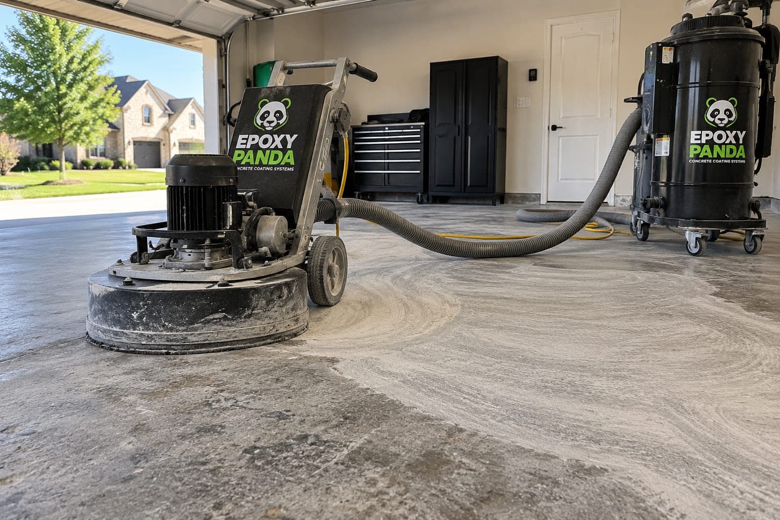 Concrete grinder with dust collection preparing a garage floor