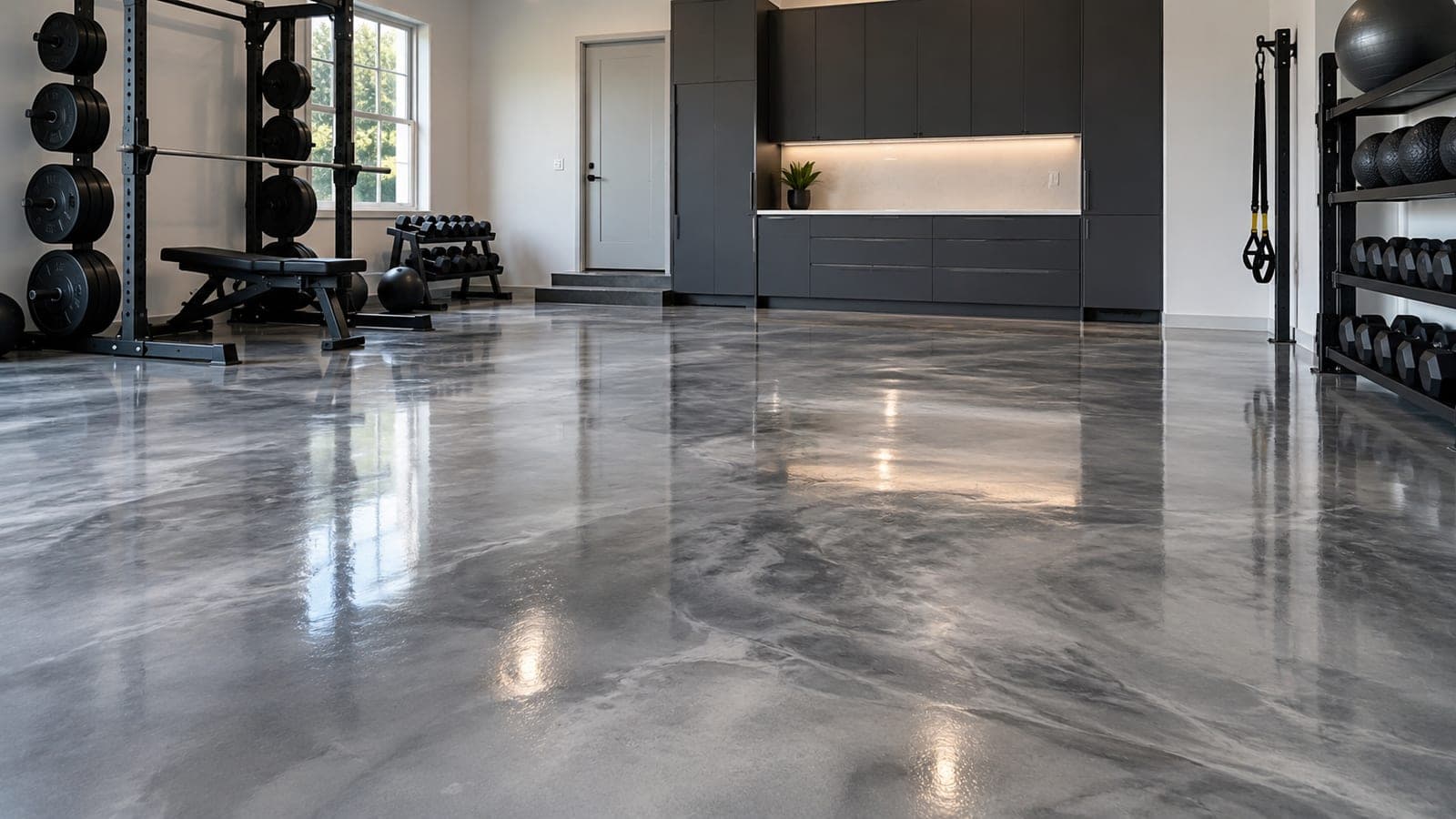 Gray metallic epoxy home gym floor