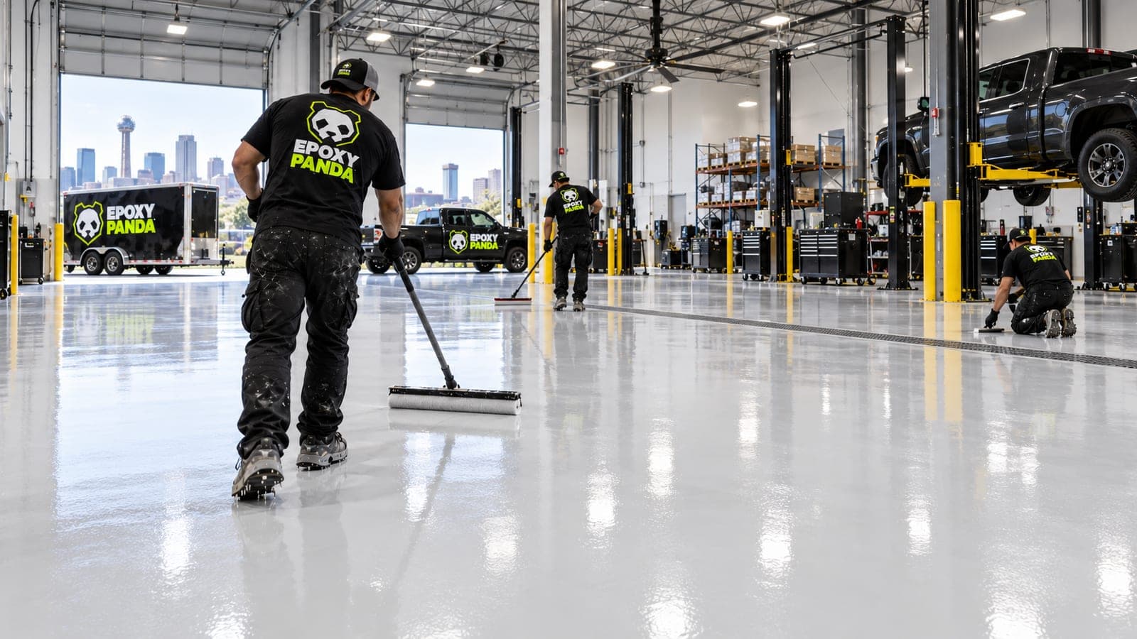 Crew applying a coating in a vehicle service bay with lifts