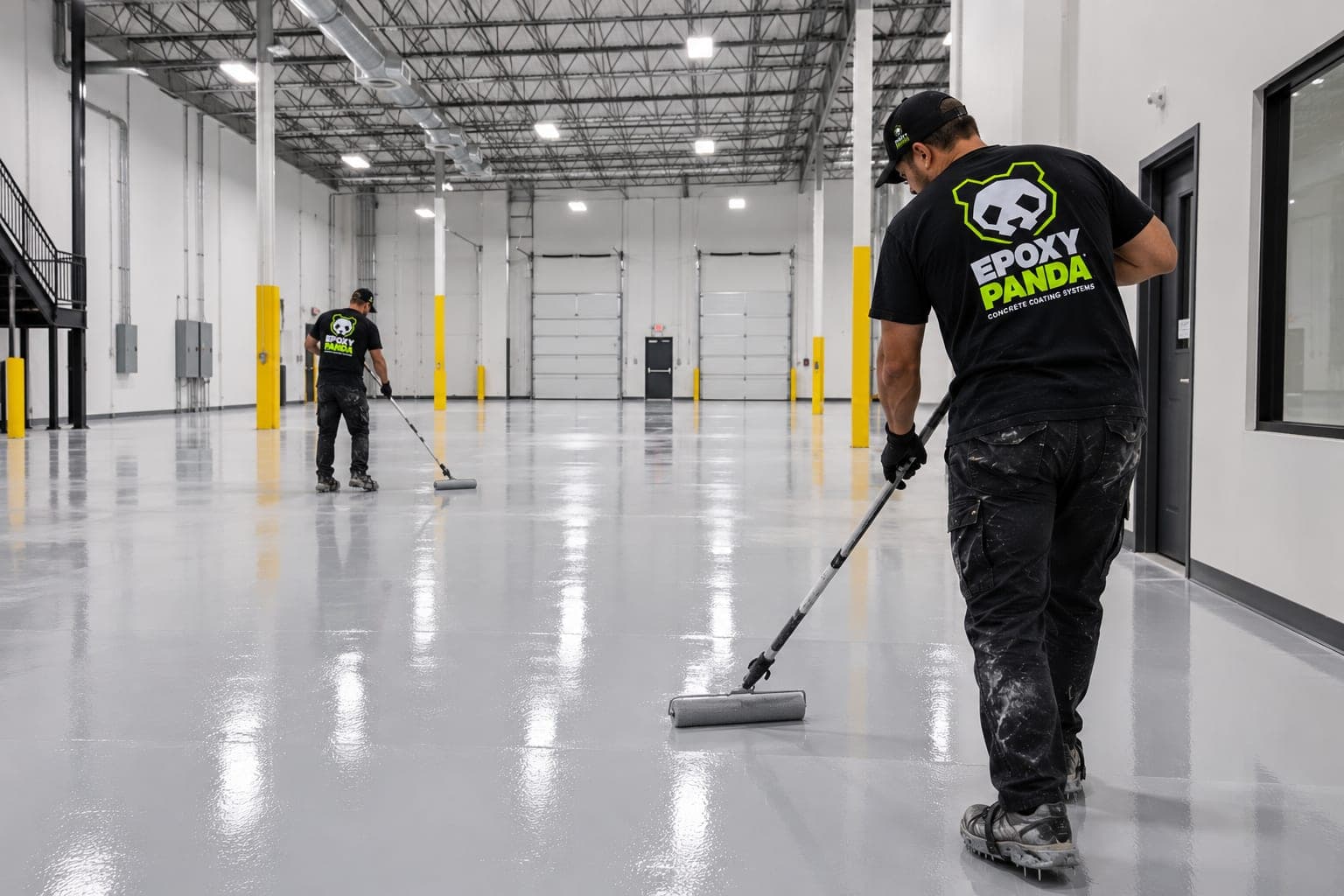 Crew members rolling a coating onto a warehouse floor