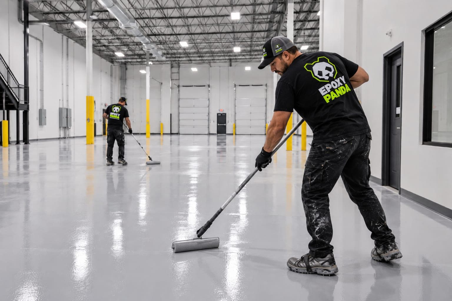 Crew applying a coating to a large commercial floor