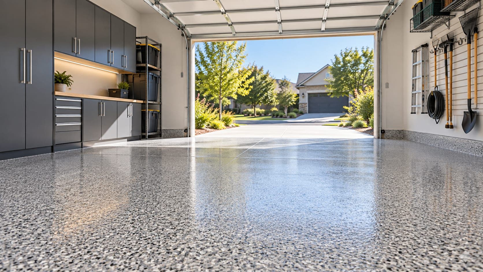 Finished residential garage with a coated floor